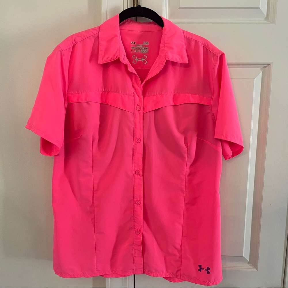 Under Armour Heat Gear Semi-fitted Hot Pink Button Up Shirt size L